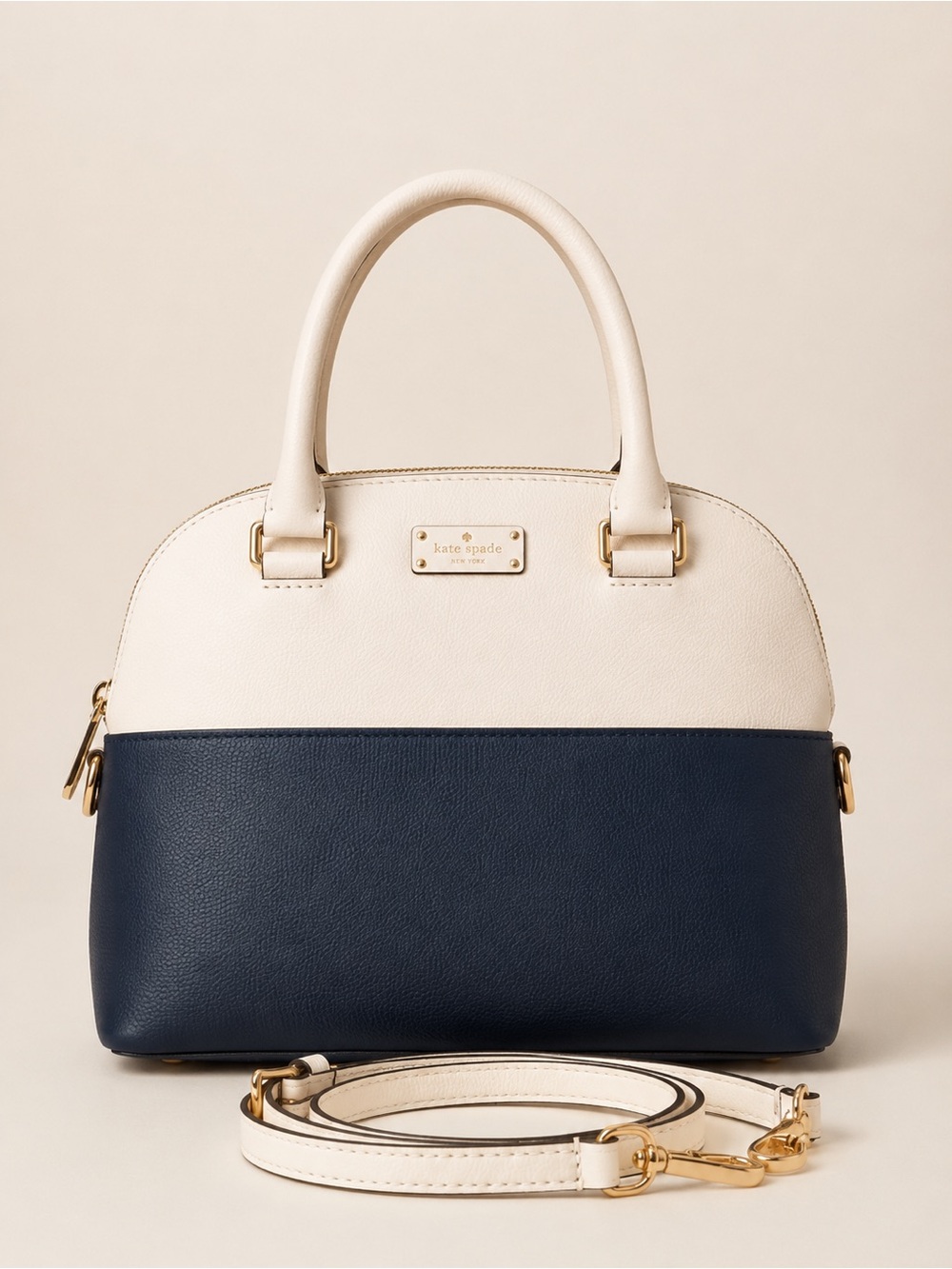 Kate Spade Dome Satchel White Navy Pebbled Leather Crossbody Bag